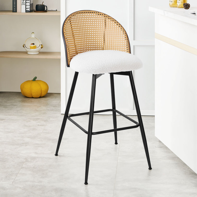 White Boucle Upholstered Swivel Bar Stools with Rattan Back