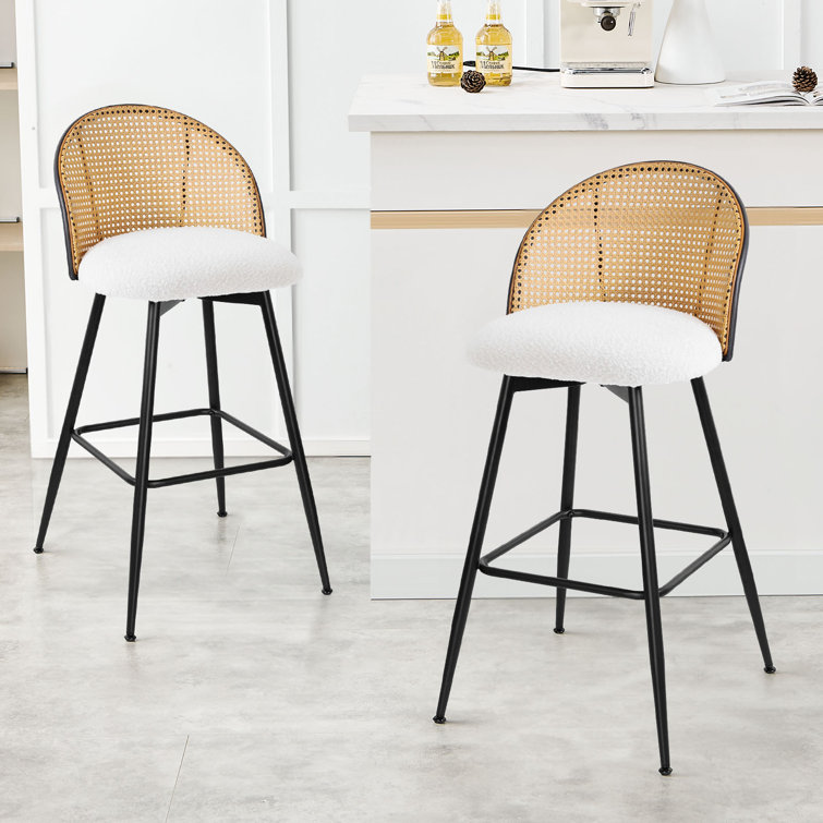 White Boucle Upholstered Swivel Bar Stools with Rattan Back