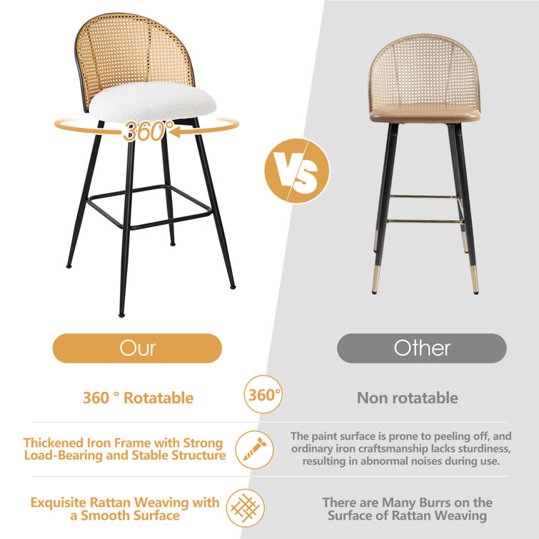 White Boucle Upholstered Swivel Bar Stools with Rattan Back