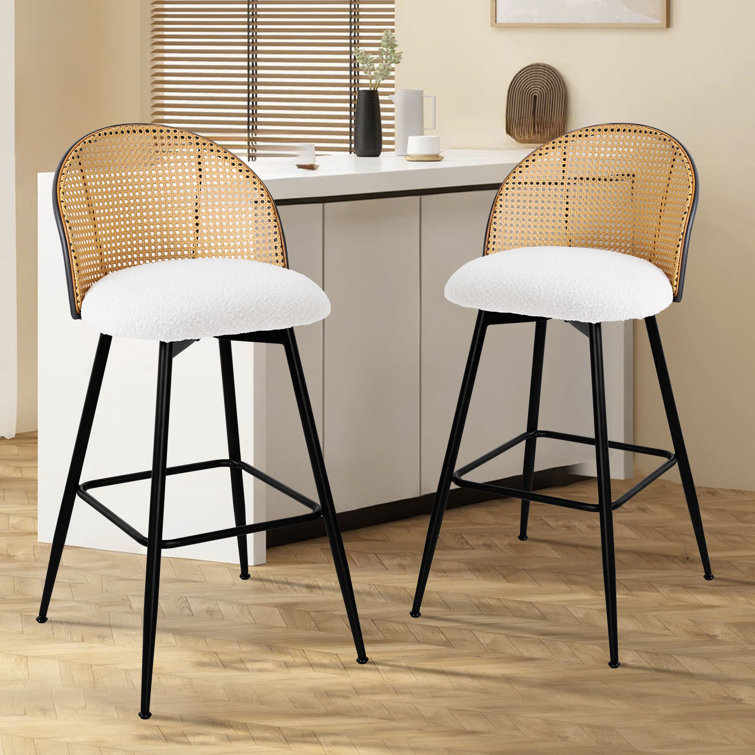 White Boucle Upholstered Swivel Bar Stools with Rattan Back