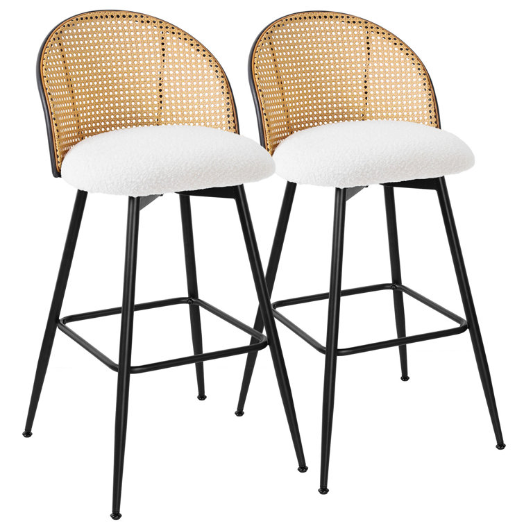 White Boucle Upholstered Swivel Bar Stools with Rattan Back