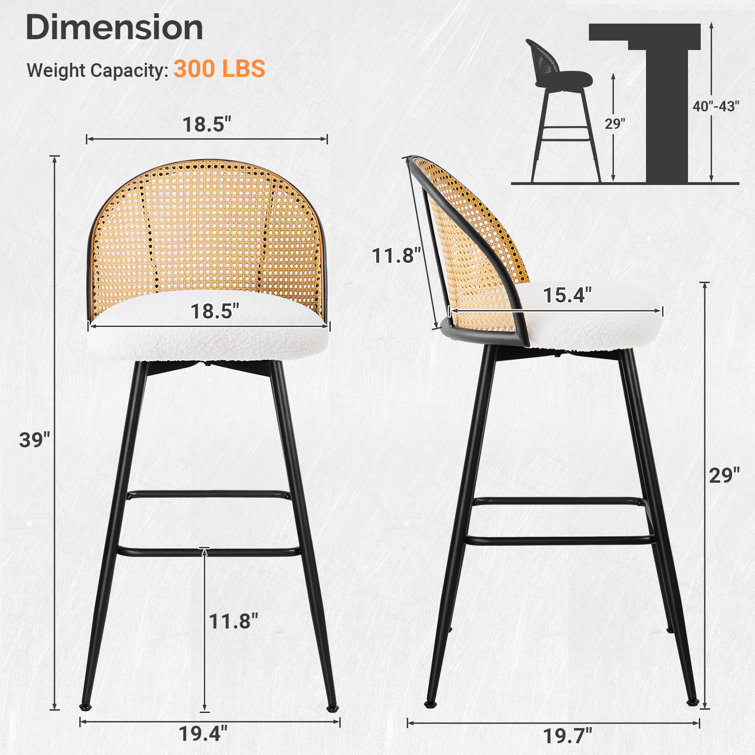 White Boucle Upholstered Swivel Bar Stools with Rattan Back