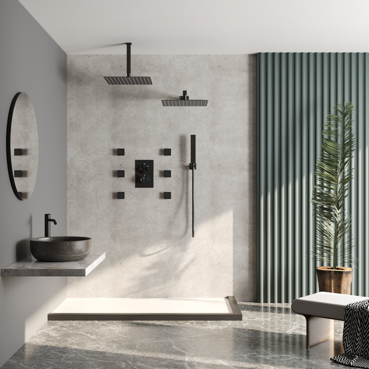 Matte Black Dual Shower Head System with Body Jets and Hand Shower
