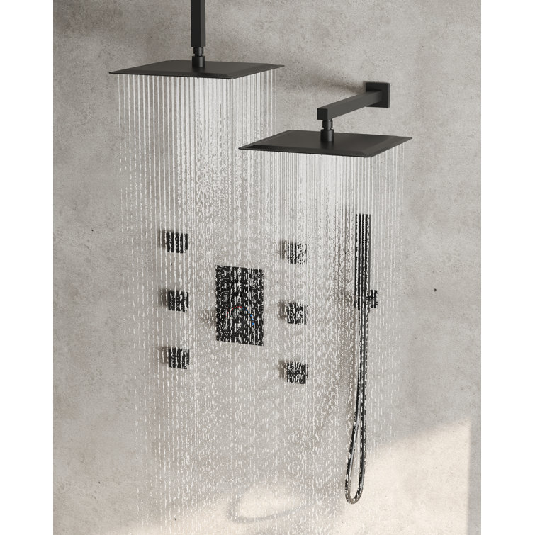 Matte Black Dual Shower Head System with Body Jets and Hand Shower