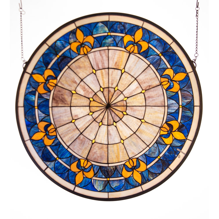Victorian Blue and Beige Stained Glass Window Medallion