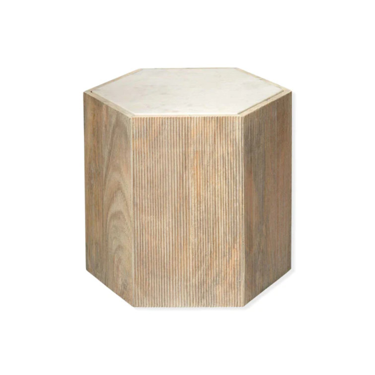 Hexagon Light Wood and White Marble Accent Table