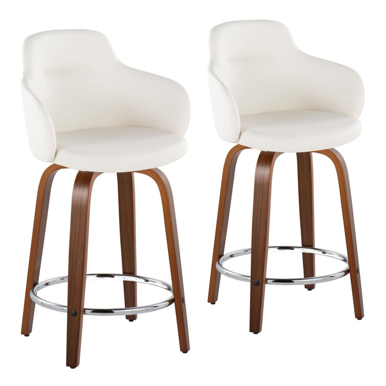 Boyne White Faux Leather Swivel Counter Stools with Walnut Base