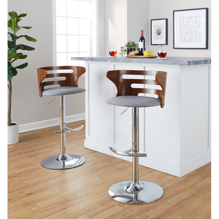 Walnut and Gray Adjustable Swivel Barstools with Metal Base