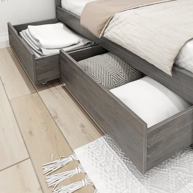 Driftwood Gray Pine Full Bed Frame with Headboard and Storage Drawers