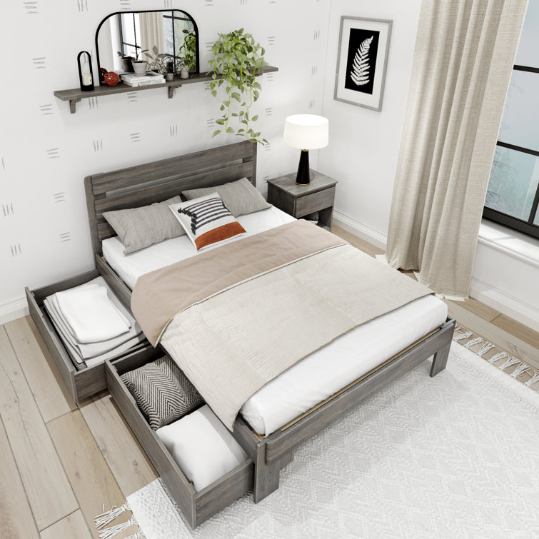 Driftwood Gray Pine Full Bed Frame with Headboard and Storage Drawers