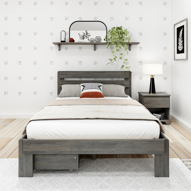 Driftwood Gray Pine Full Bed Frame with Headboard and Storage Drawers
