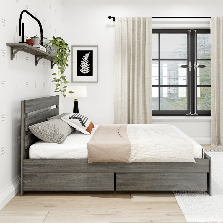 Driftwood Gray Pine Full Bed Frame with Headboard and Storage Drawers