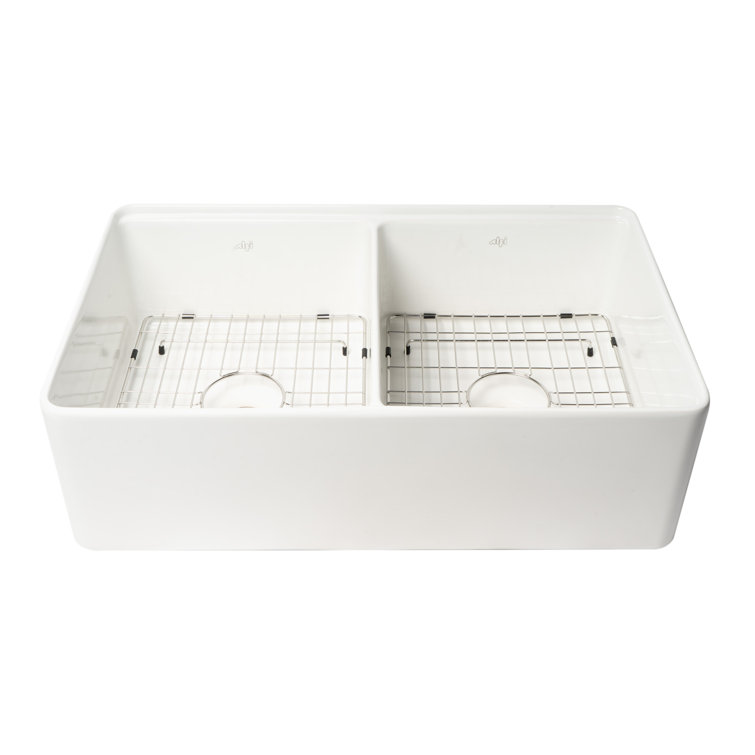 White 33" Double Bowl Fireclay Farmhouse Workstation Sink