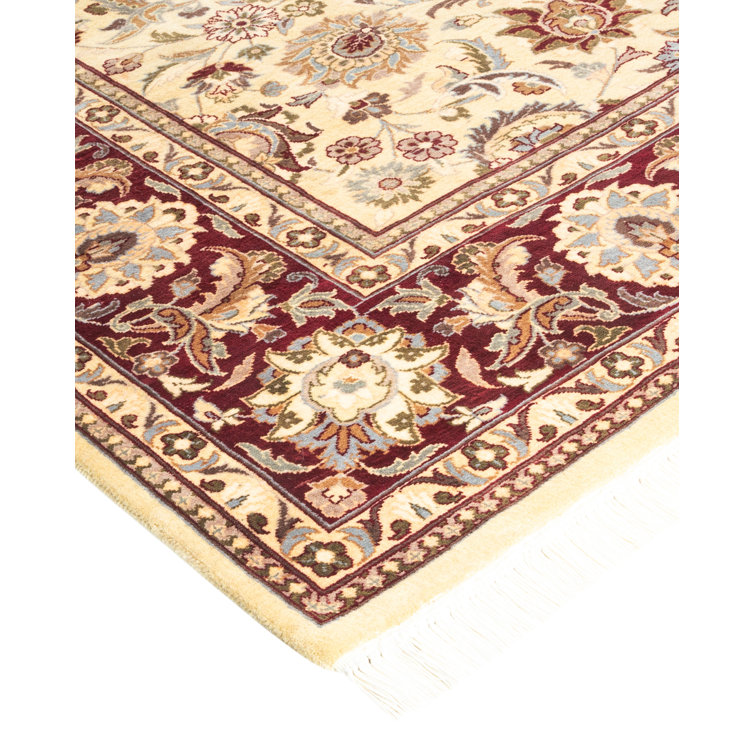 Ivory and Red Hand-Knotted Square Wool Area Rug