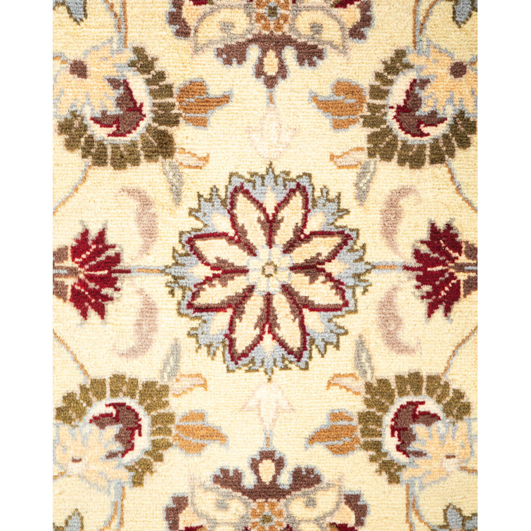 Ivory and Red Hand-Knotted Square Wool Area Rug