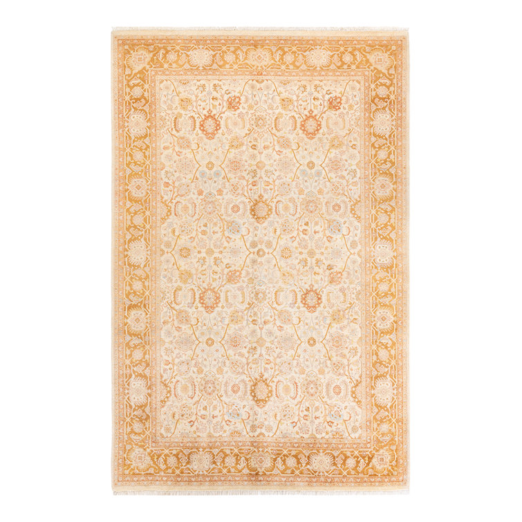 Ivory and Gold Hand-Knotted Wool Geometric 6' x 9' Rug