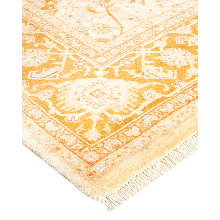 Ivory and Gold Hand-Knotted Wool Geometric 6' x 9' Rug
