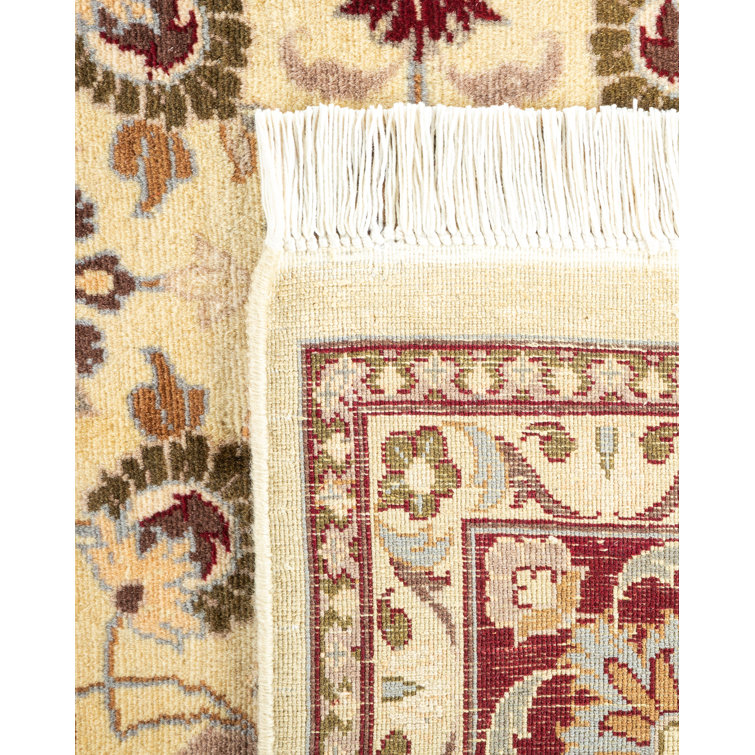 Ivory and Red Hand-Knotted Square Wool Area Rug