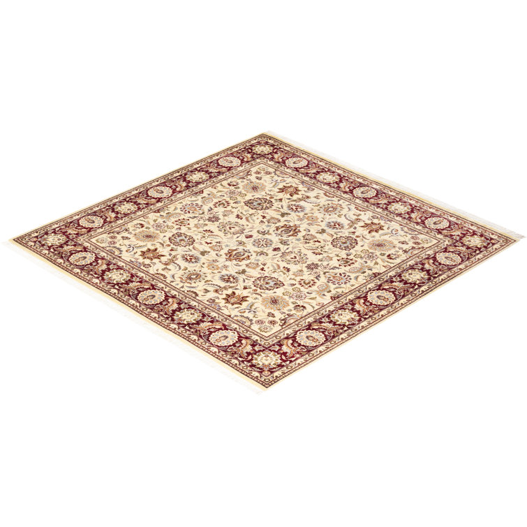 Ivory and Red Hand-Knotted Square Wool Area Rug