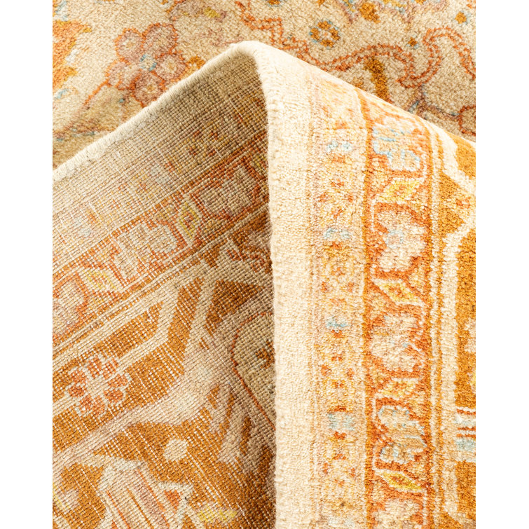 Ivory and Gold Hand-Knotted Wool Geometric 6' x 9' Rug