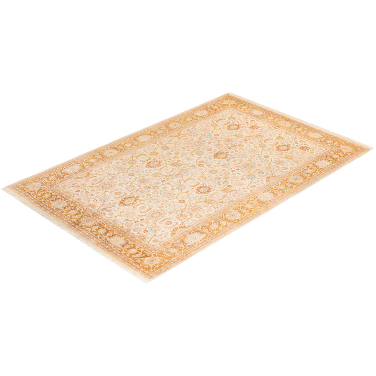 Ivory and Gold Hand-Knotted Wool Geometric 6' x 9' Rug