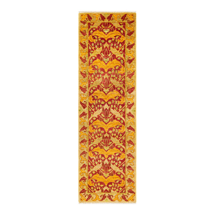 Hand-Knotted Red and Yellow Wool Floral Runner Rug