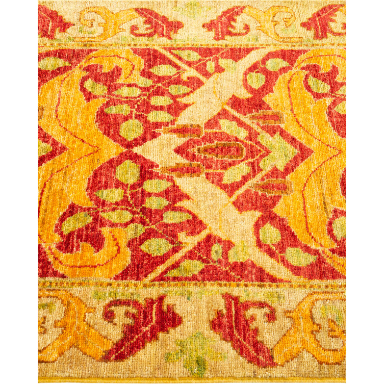 Hand-Knotted Red and Yellow Wool Floral Runner Rug