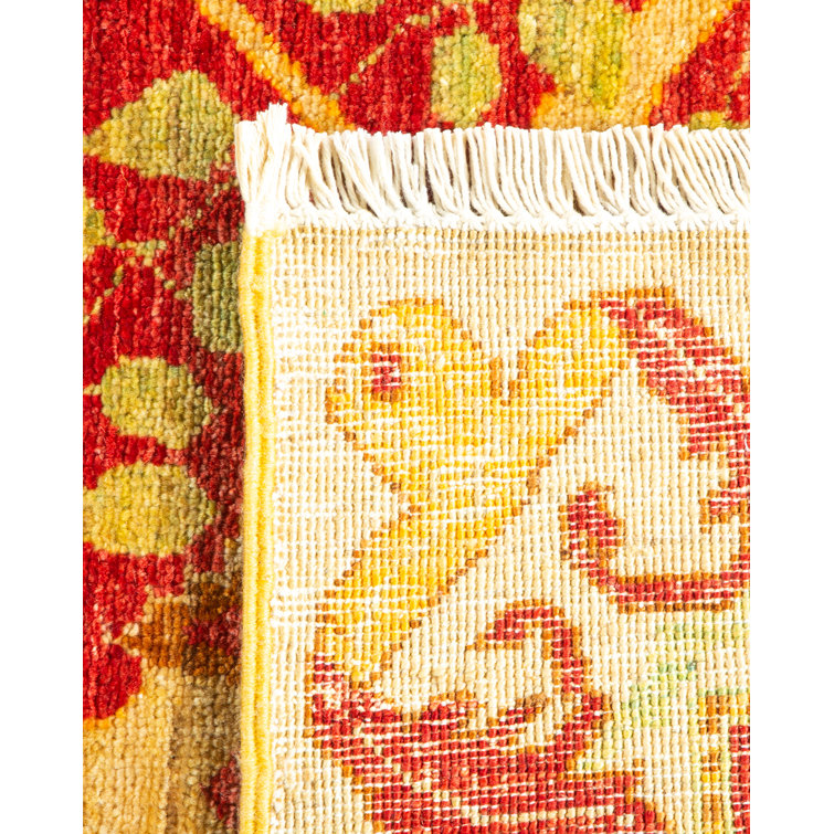 Hand-Knotted Red and Yellow Wool Floral Runner Rug
