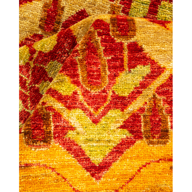 Hand-Knotted Red and Yellow Wool Floral Runner Rug