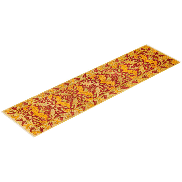 Hand-Knotted Red and Yellow Wool Floral Runner Rug