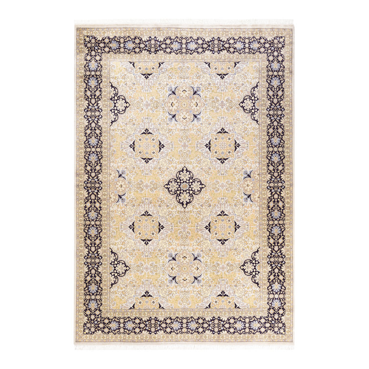 Ivory and Navy Hand-Knotted Wool Geometric Area Rug 6' x 9'