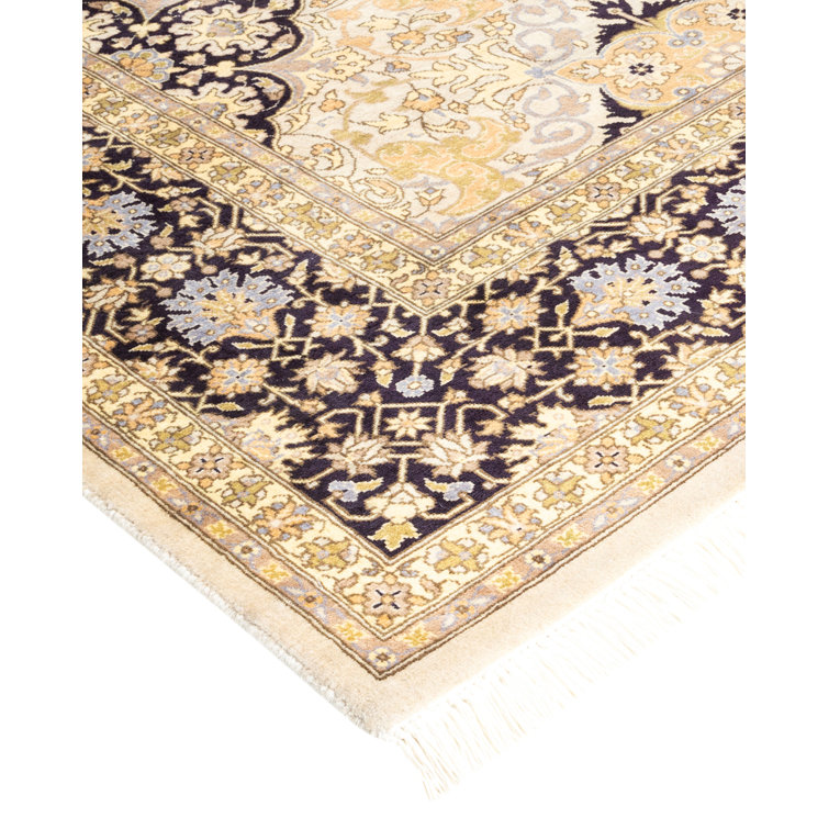 Ivory and Navy Hand-Knotted Wool Geometric Area Rug 6' x 9'