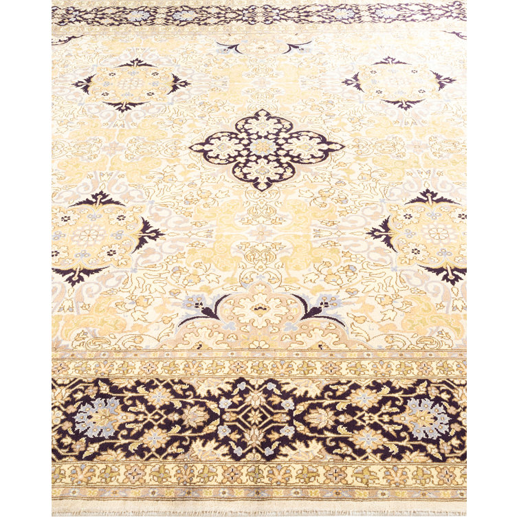 Ivory and Navy Hand-Knotted Wool Geometric Area Rug 6' x 9'