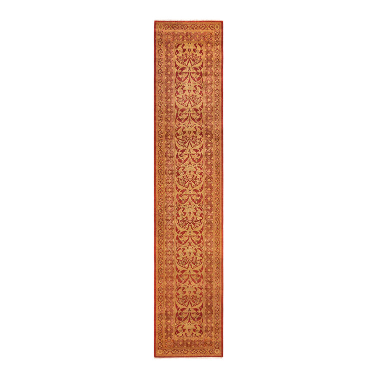 Hand-Knotted Burnt Orange Wool Floral Runner Rug