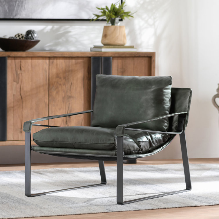Forest Green Leather and Metal Accent Chair