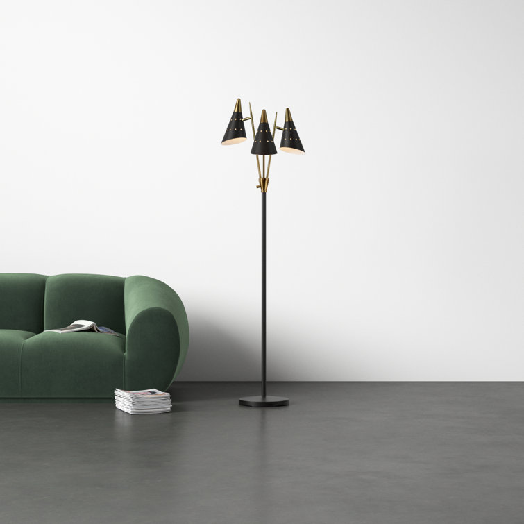 Nadine Matte Black and Antique Brass 3-Arm Adjustable Floor Lamp