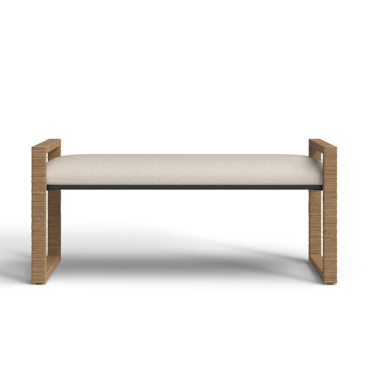 Oatmeal Upholstered Metal Sled Leg Bench with Rattan Frame