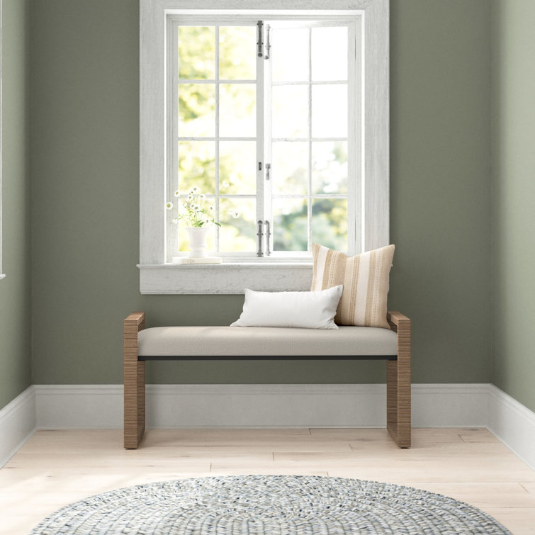 Oatmeal Upholstered Metal Sled Leg Bench with Rattan Frame