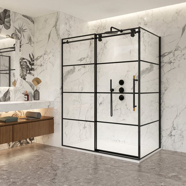 Losar 60" Matte Black Sliding Shower Enclosure with Tempered Glass