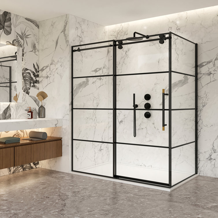 Losar 68'' Matte Black Framed Rectangle Shower Enclosure