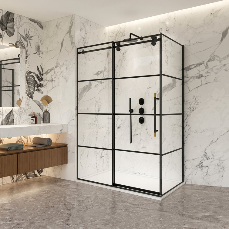 Losar 48'' Black Framed Rectangle Shower Enclosure with Sliding Door