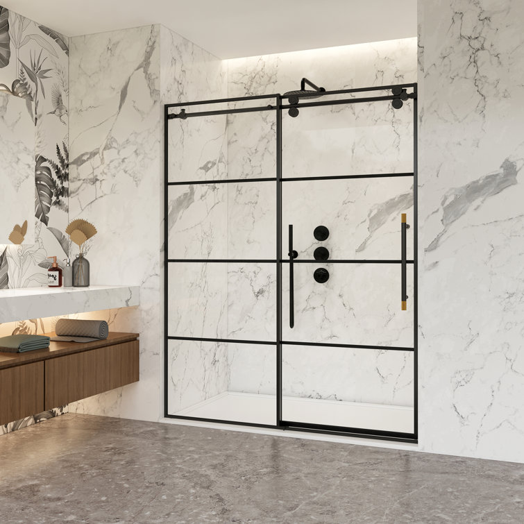 Losar 64" Matte Black Stainless Steel Sliding Shower Door