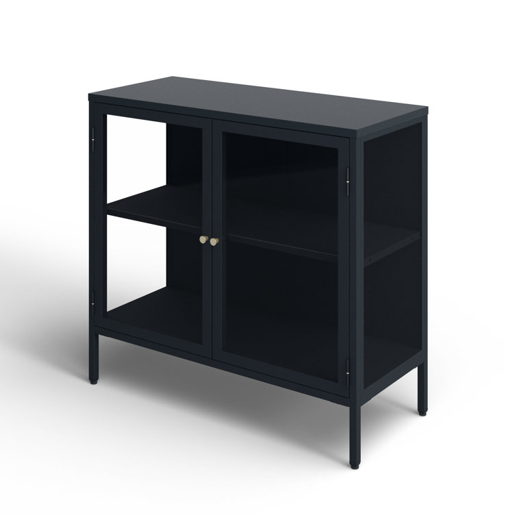 Black and Gold Metal Glass-Paned Storage Cabinet