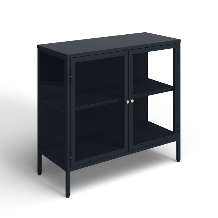 Black and Gold Metal Glass-Paned Storage Cabinet