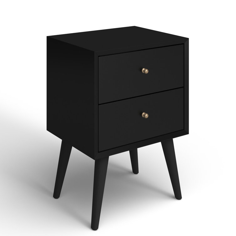 Flynn Black Transitional Mid-Century 2-Drawer Nightstand