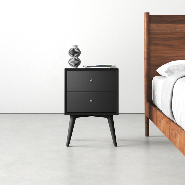 Flynn Black Transitional Mid-Century 2-Drawer Nightstand