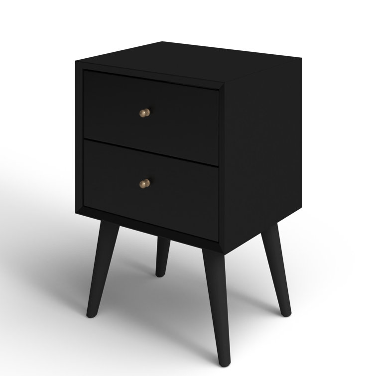 Flynn Black Transitional Mid-Century 2-Drawer Nightstand