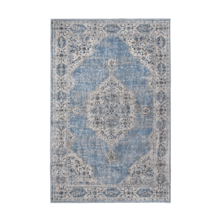 Blue-Cream Medallion Synthetic Easy Care Area Rug
