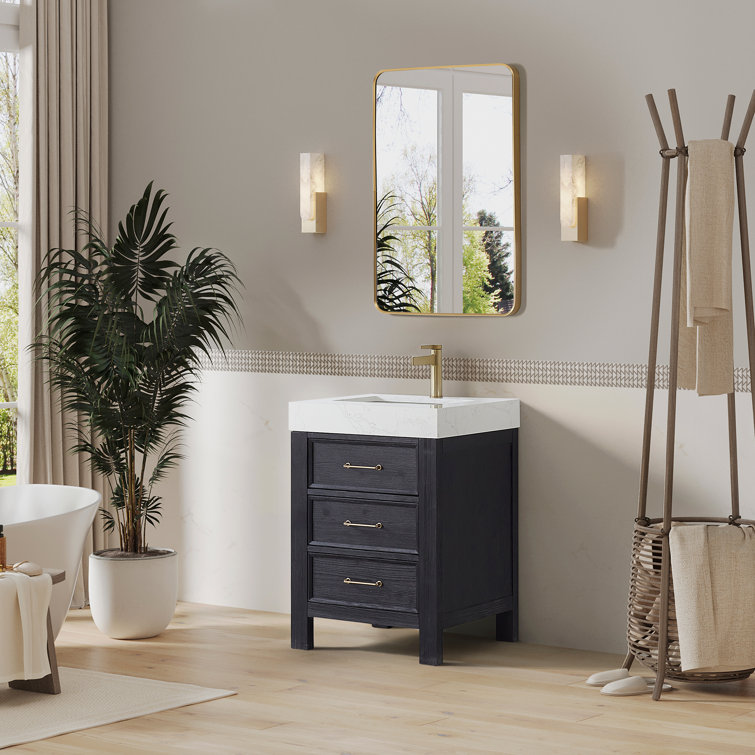 Leon 24'' Black Fir Wood Bathroom Vanity with White Marble Top