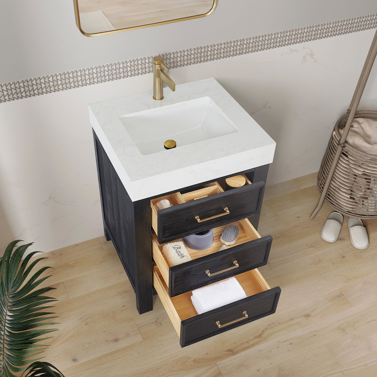 Leon 24'' Black Fir Wood Bathroom Vanity with White Marble Top
